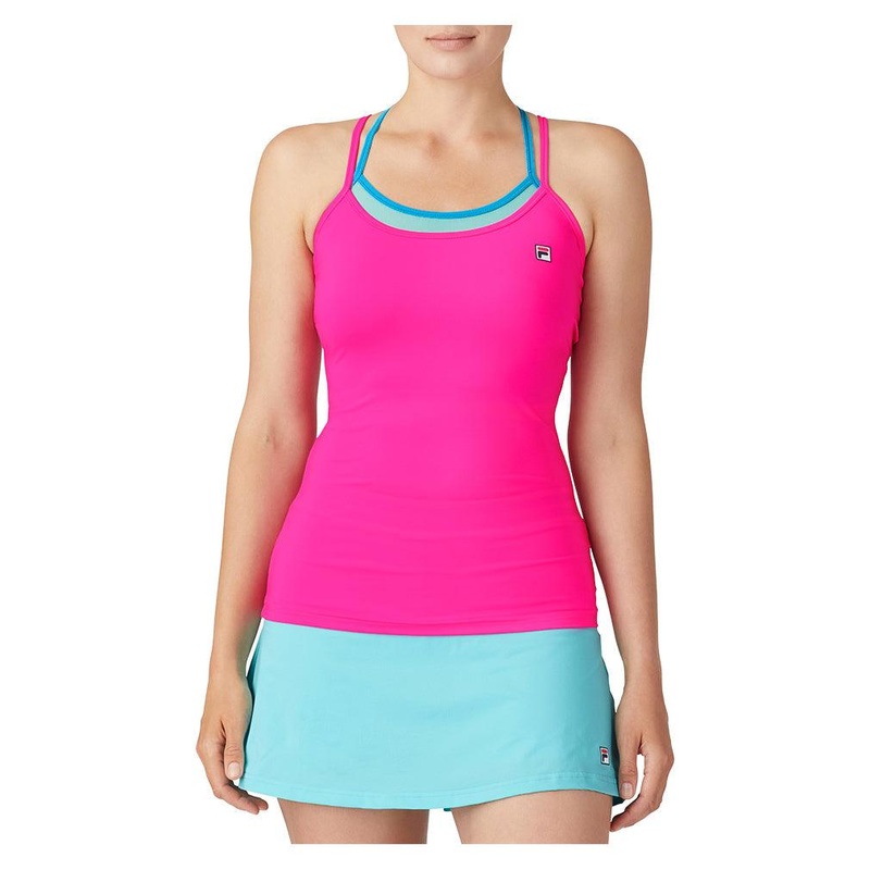 Women`s Tie Breaker Strappy Cami Tennis Tank Pink Glo and Blue Radiance