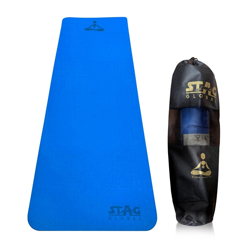 STAG GLOBAL Yoga Mantra Plain Blue Mat With Bag | 8MM Thickness | Kibi Sports