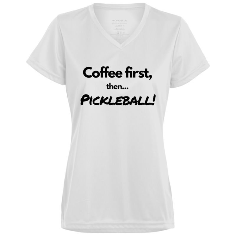 Women’s V-Neck Dry Fit – Coffee First (black print)