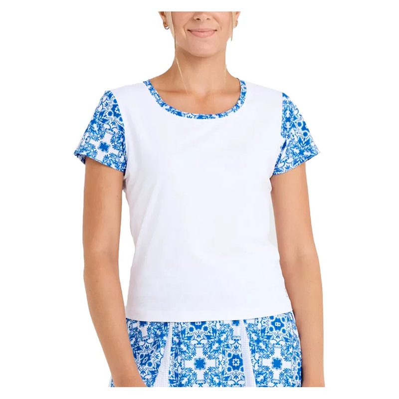 Women`s Short Sleeve Tennis Top White and Sandra Tiles