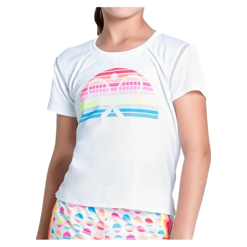 Girls` Retro Sunset Short Sleeve Tennis Top White