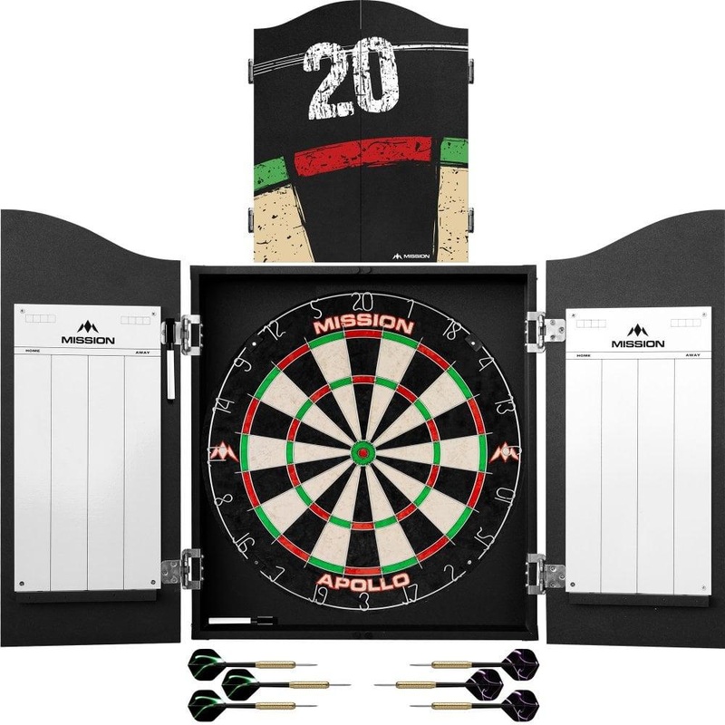 MISSION Home Darts Center Cabinet Set  Including Dartboard, 6 Darts  Double Top Design BLACK