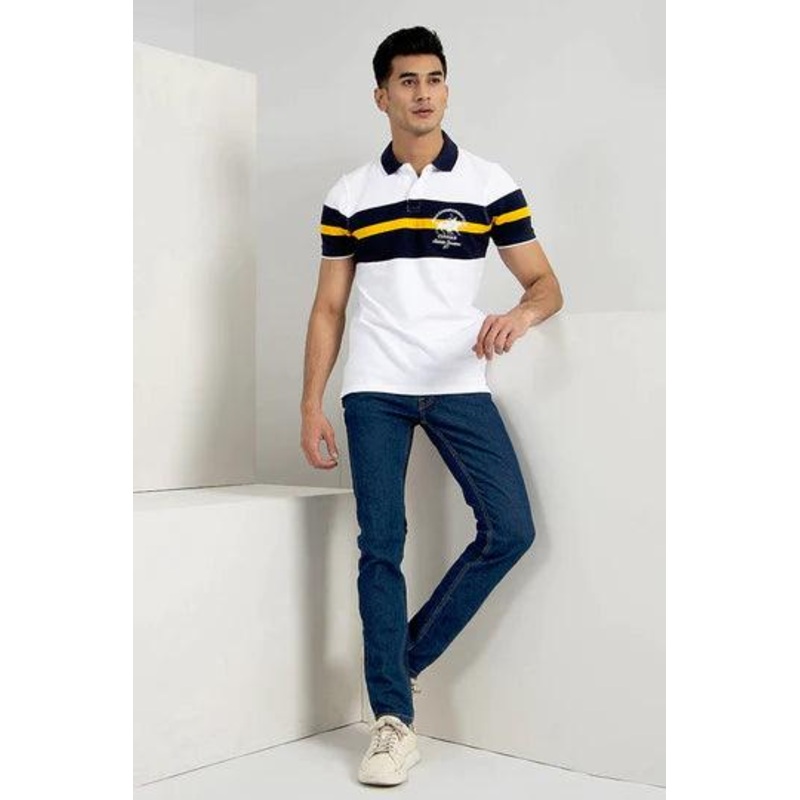 White Color Block Embroidered Polo XS