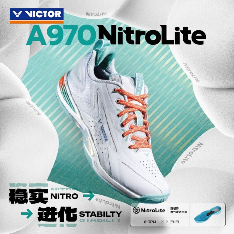 (CLEARANCE) VICTOR A970 NitroLite Badminton Shoes AG-White/Brook Green UNISEX US(M) 5/ US(W) 6.5/ UK 4.5/ EU 37/ 23 CM