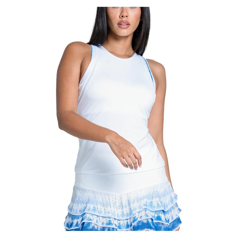 Women`s Shibori Stripe Tennis Tank with Bra White