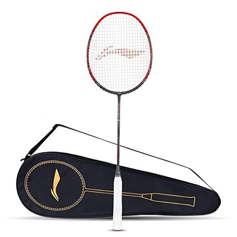 Li-Ning 3D Calibar X Boost Carbon Graphite Strung Racquet, 83 Grams, 30 Lbs String Tension and Free Full Cover | KIBI Sports Dark Grey/Red