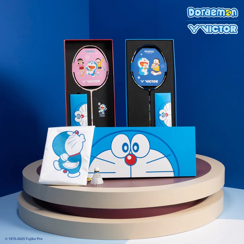 Victor x Doraemon 2 Badminton Rackets Set Peach Pink / Prussian Blue 4U