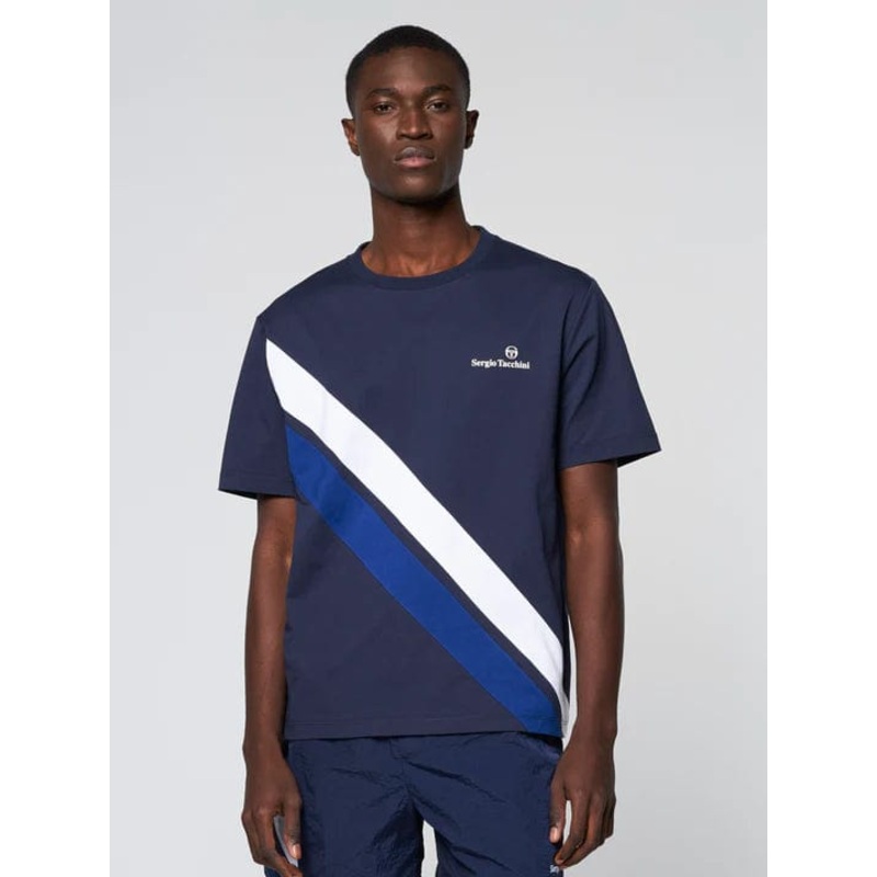 Men’s Sergio Tacchini Ortica Tennis T-Shirt Medium Navy Stripe