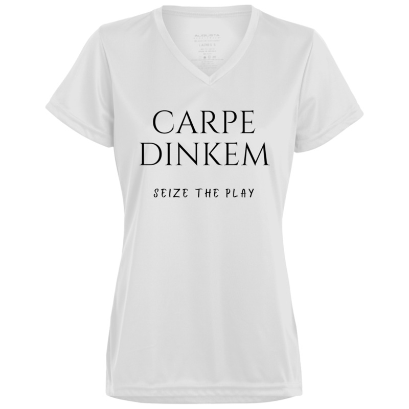 Women’s V-Neck – Carpe Dinkem (black print)