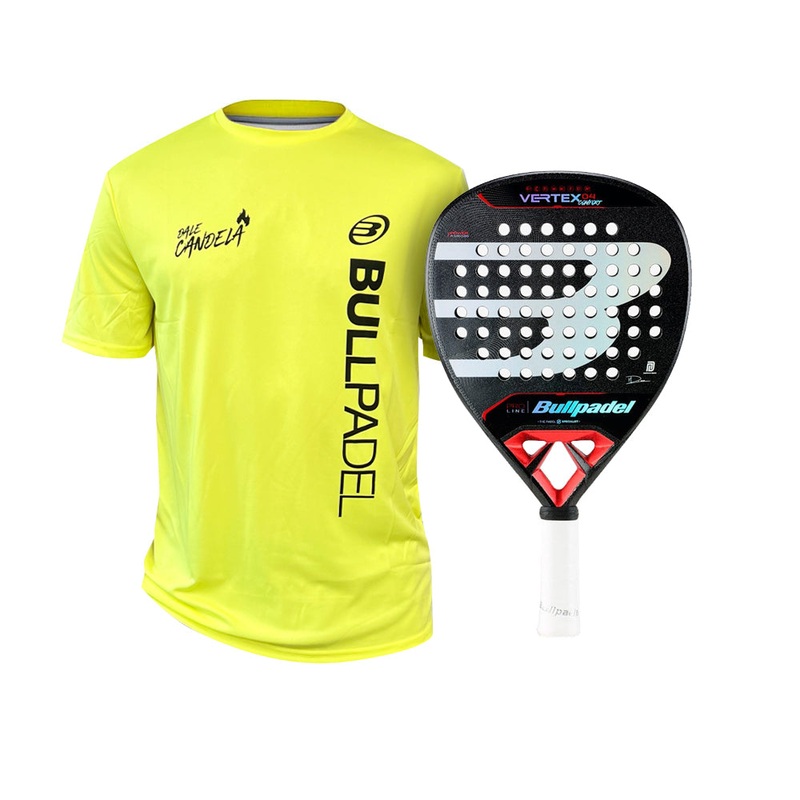 Pala BULLPADEL VERTEX 04 Comfort 2024 DI NENNO + Camiseta BULLPADEL DALE CANDELA PM Amarillo