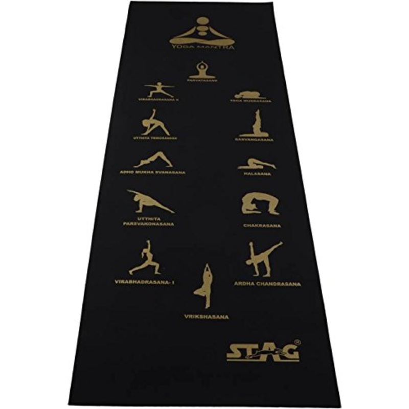 STAG GLOBAL Yoga Mantra Asana Black Mat With Strap, 4MM Thickness | Kibi SPorts