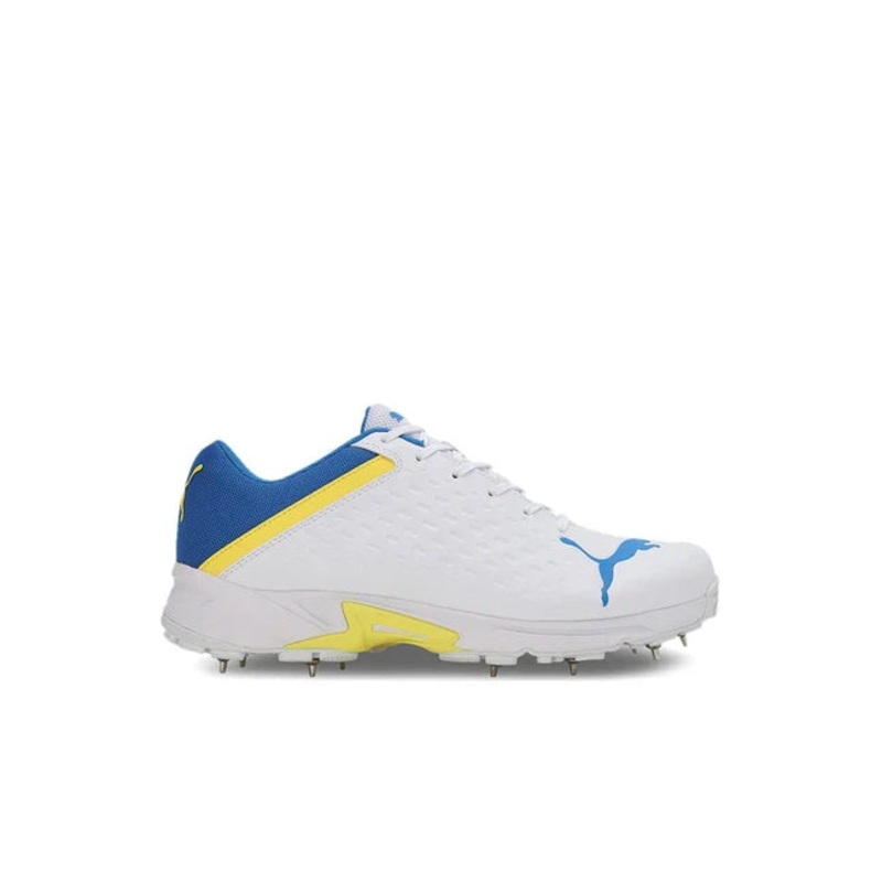PUMA Spike 22.2 Unisex Cricket Shoes | Kibi Sports White / Yellow / Blue UK 10