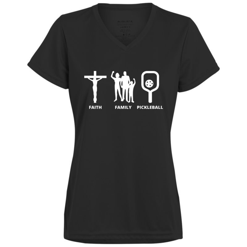 Women’s V-Neck Dry Fit – Faith Family Pickleball (white print)