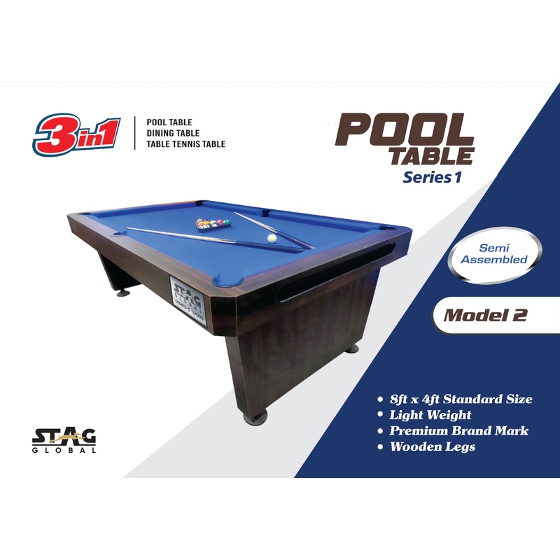STAG GLOBAL 3 in 1 Pool Table with Table Tennis Table and Dinning Table | 4 feet x 8 feet | Kibi SPorts MODEL 2