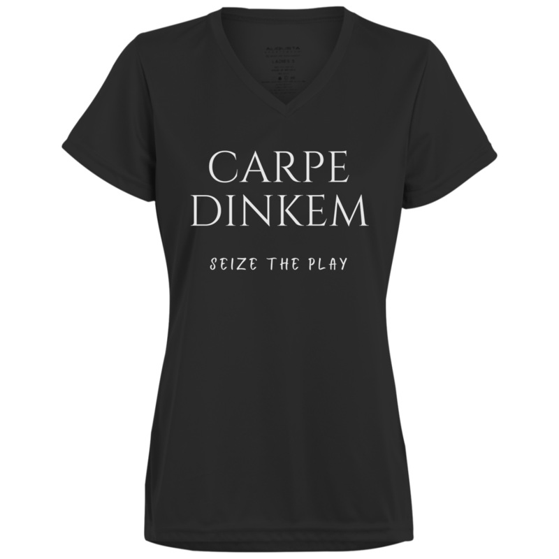 Women’s V-Neck Dry Fit – Carpe Dinkem (white print)